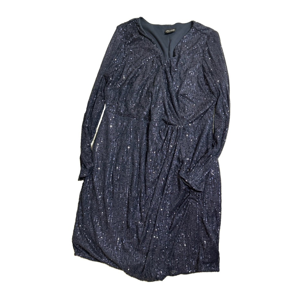 City Chic Navy Sequin Long Sleeve Dress Size S/16 Plus Stretch Lined Party